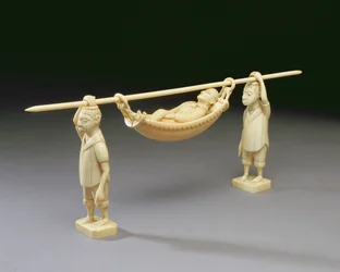 Figure di due uomini africani che trasportano un uomo europeo, Congo